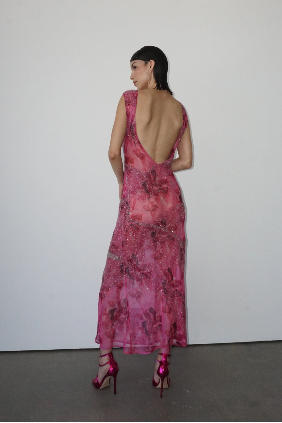 Bea Beaded Printed Chiffon Pink Dress backshot