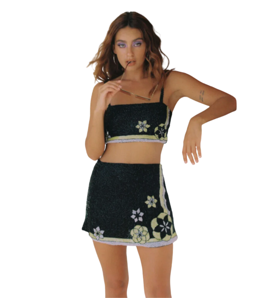 Mei Hand Embroidered Summer Co-ord Skirt Black