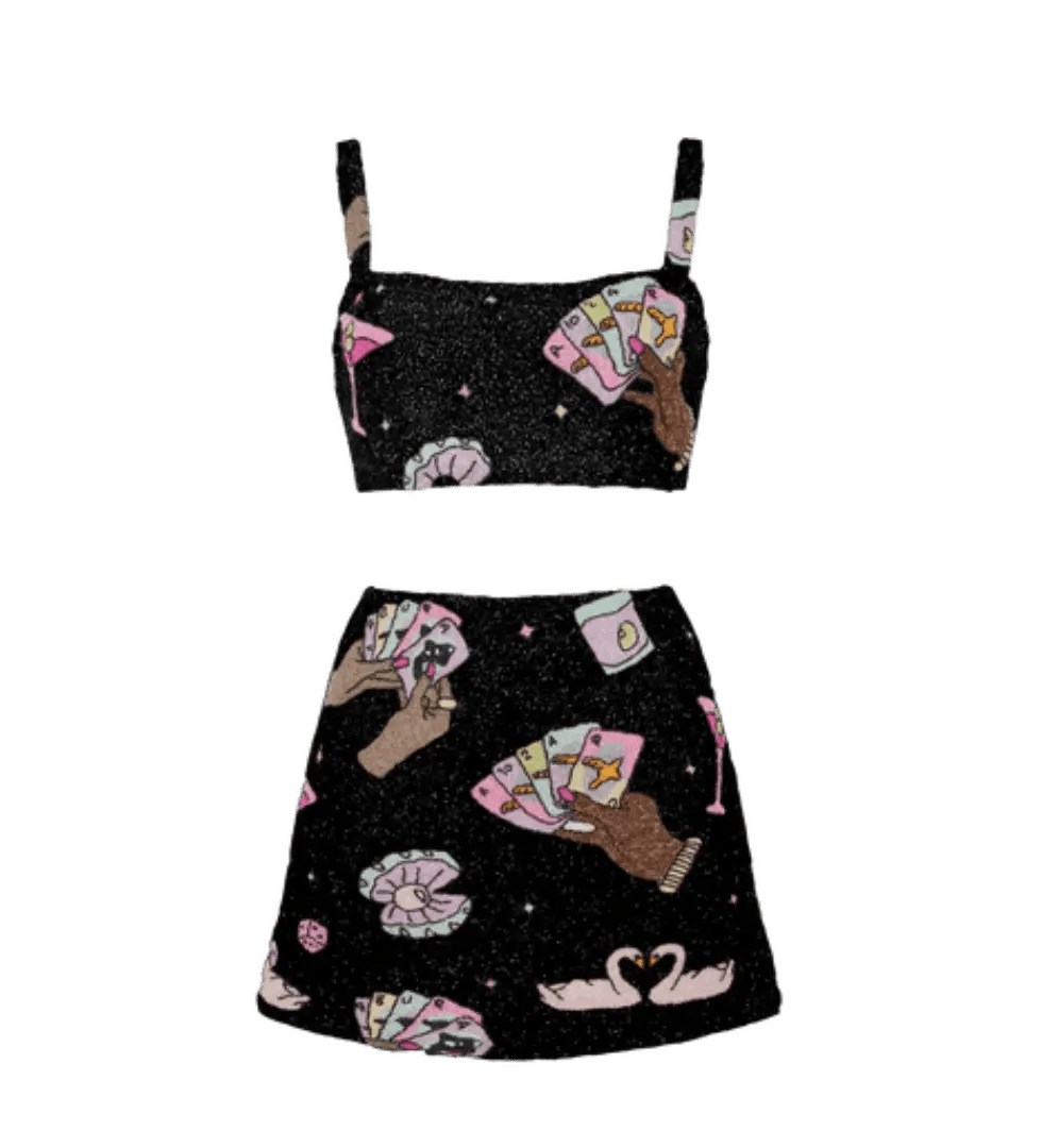 Vegas Beaded Mini Black Party Beach Co-ord Skirt