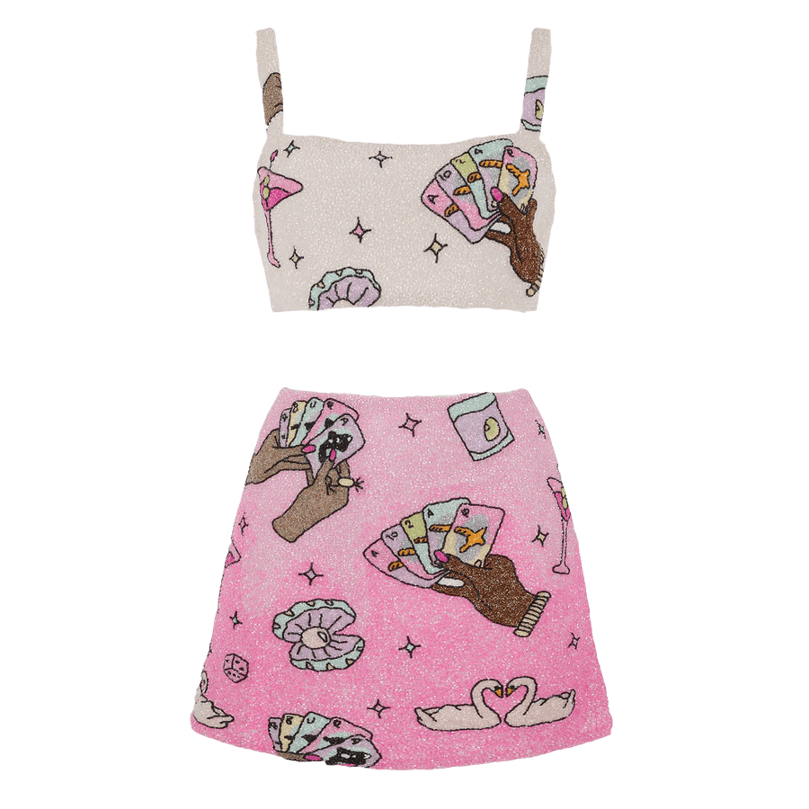 Vegas Beaded Pink Party Beach Co-ord - Mini Skirt