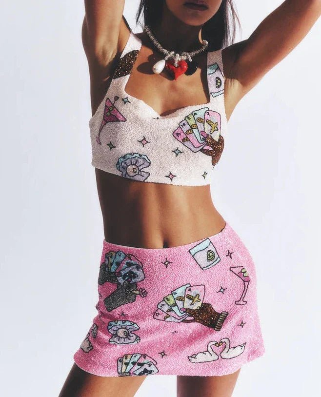 Vegas Beaded Pink Party Beach Co-ord - Mini Skirt