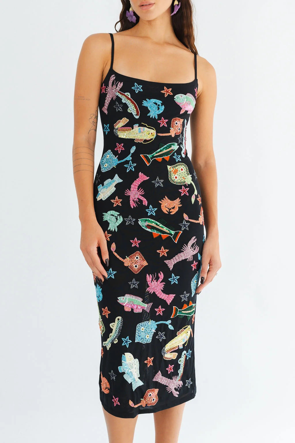 Arizona Hand Beaded Midi Dress - Black