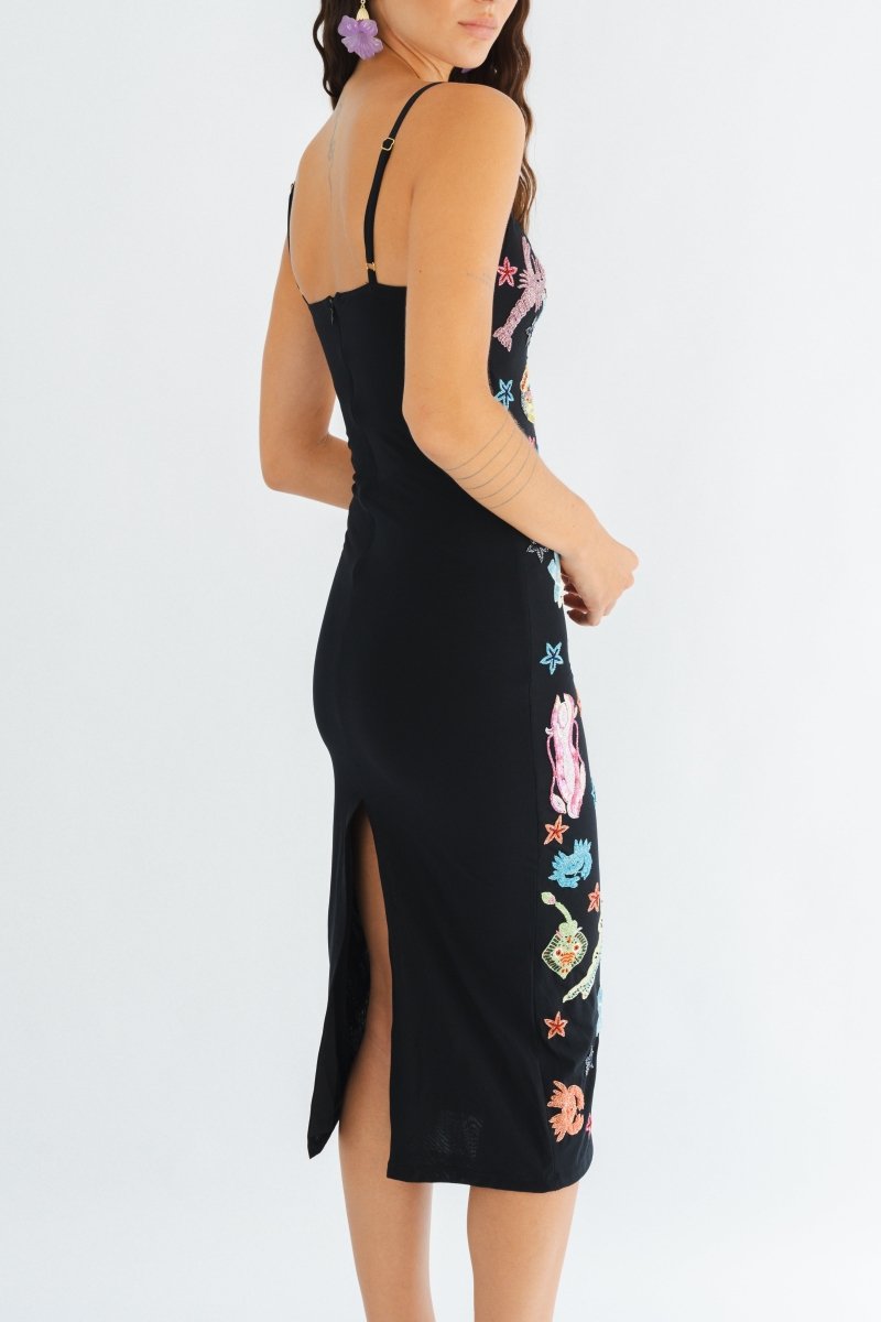 Arizona Hand Beaded Midi Dress - Black