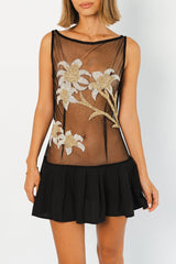 Ines Frilled Floral Powermesh/Viscose Black Mini Dress - Oceanus Swimwear