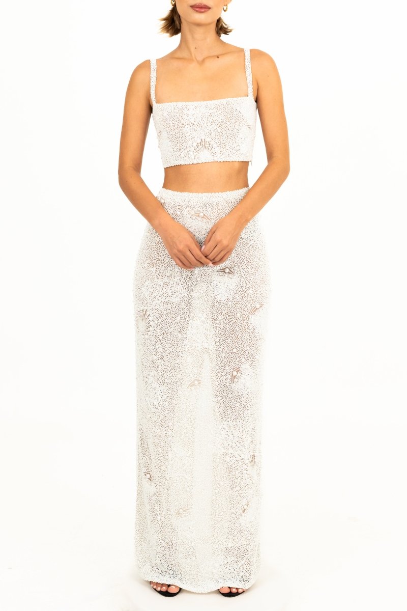 Hazel Beaded Powermesh Jellyfish Maxi Skirt- White