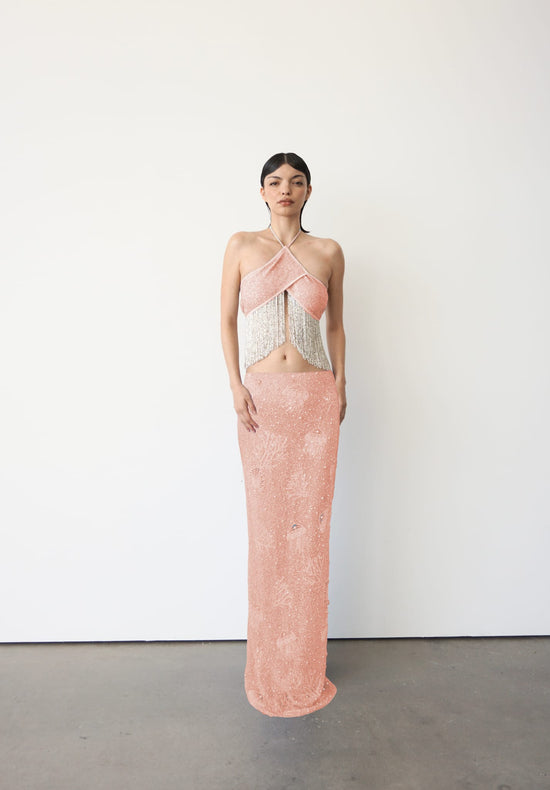 Beaded Powermesh Peach Skirt