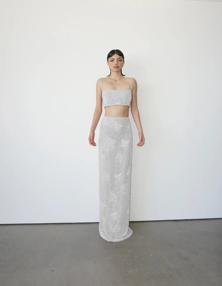 Hazel Beaded Powermesh Jellyfish Maxi Skirt - White - Oceanus Swimwear