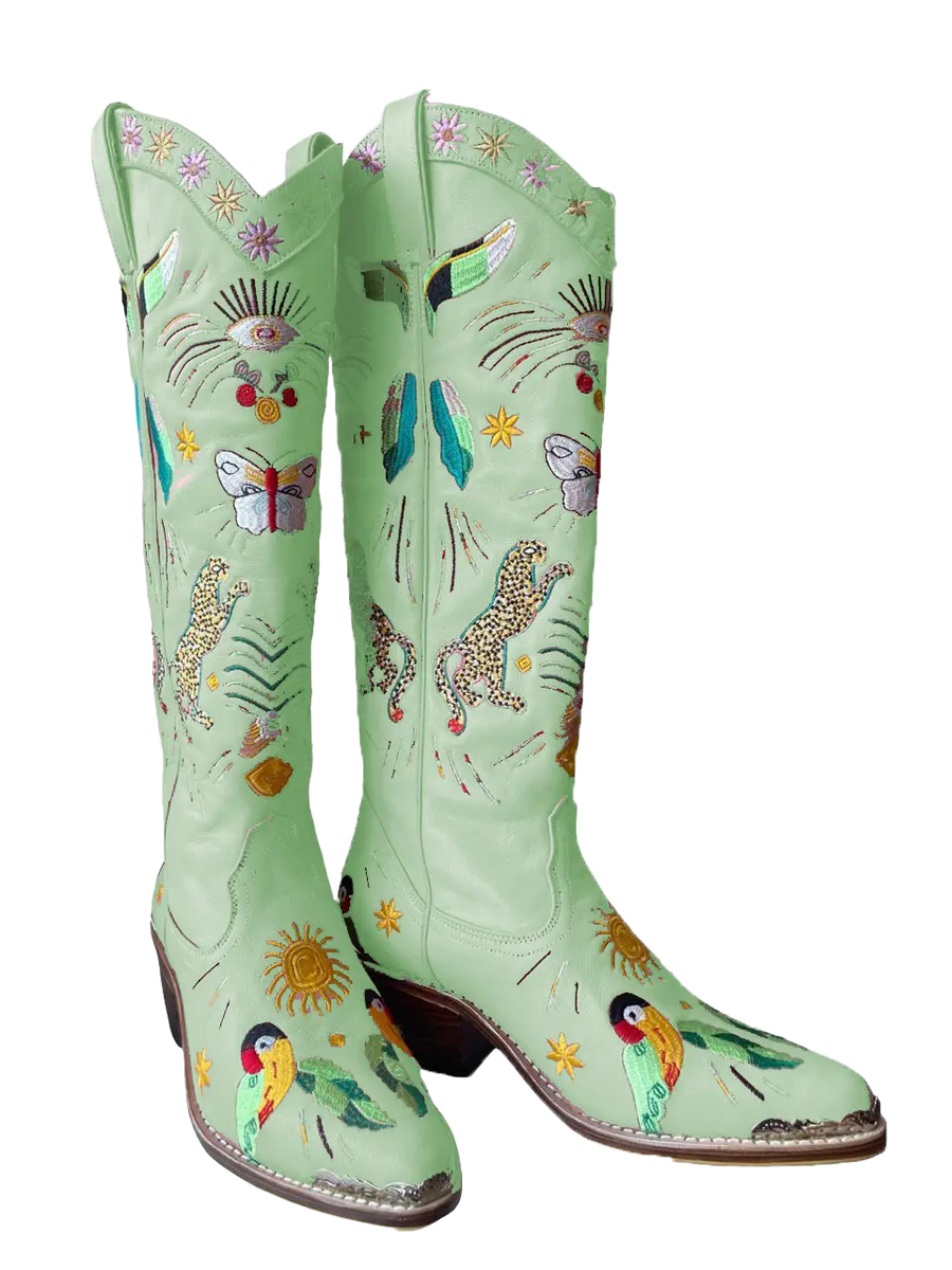 Willow Embroidered Leather Boots in green