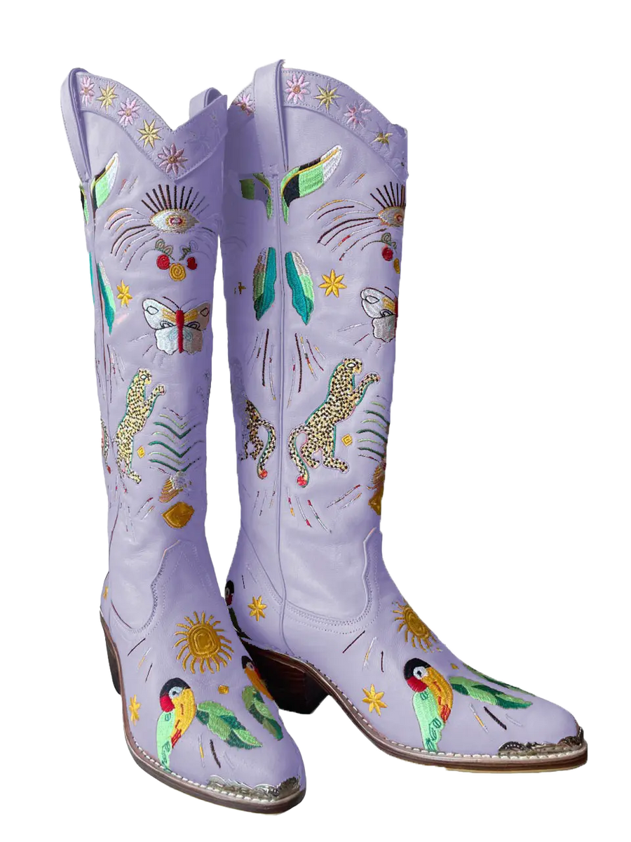 Willow Embroidered Leather Boots in Lilac