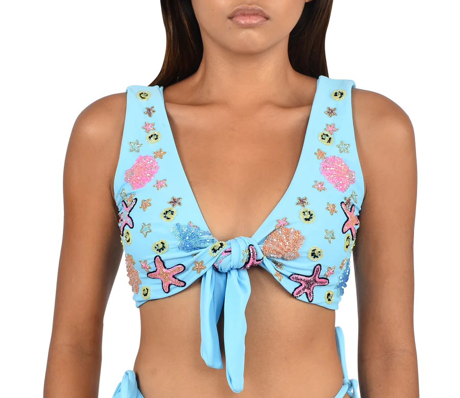 Front view of Orla Tie In The Middle Bikini Top in Blue