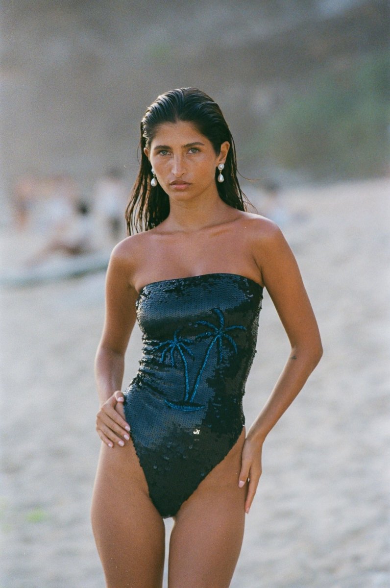 Chrissy Hand Embroidered Sequin Swimsuit Black - Oceanus Swimwear