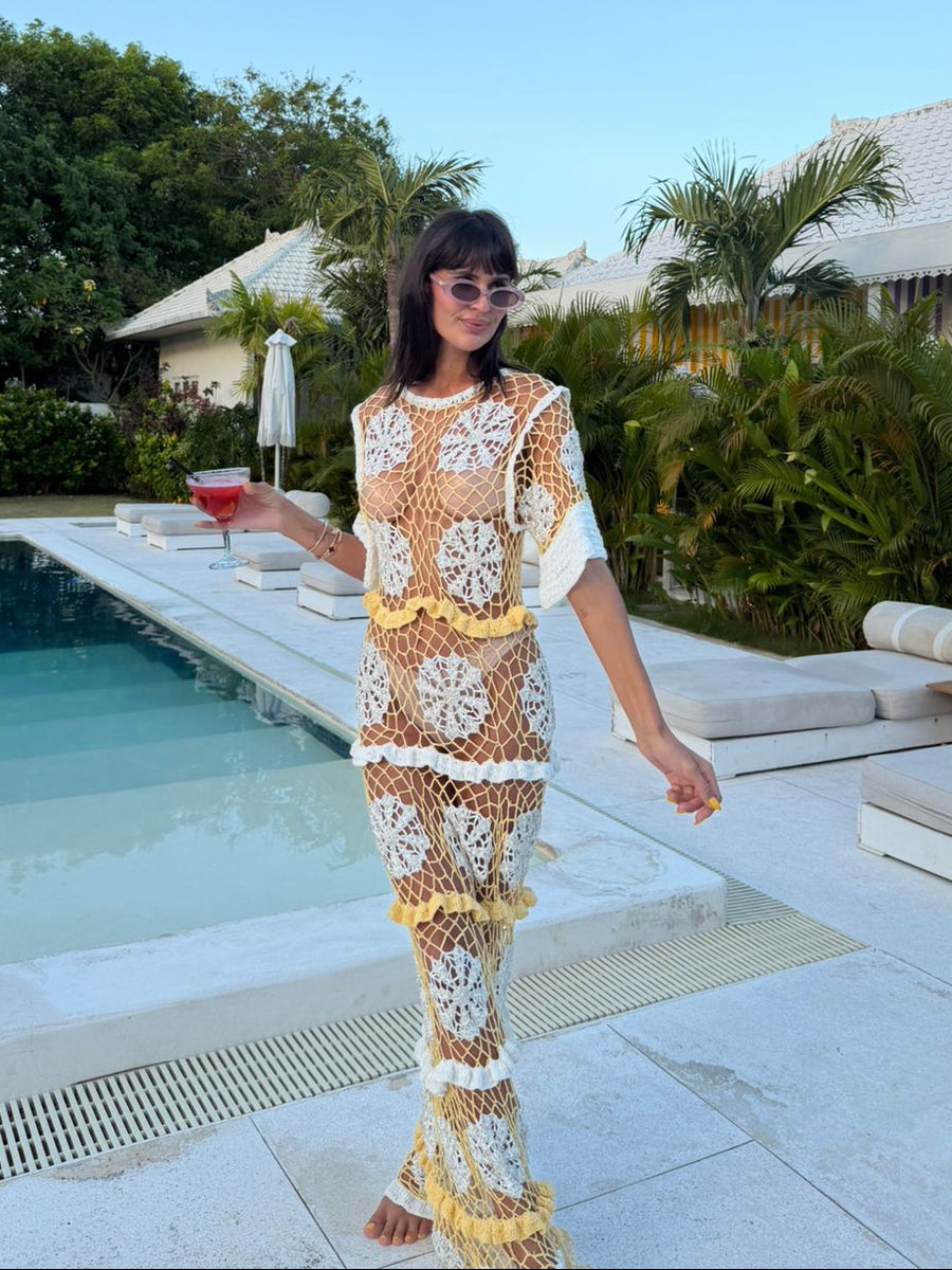 Shop Daisy White and Yellow Crochet Dress
