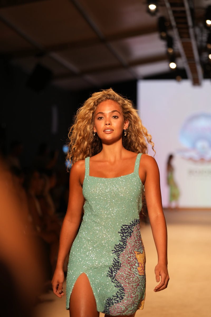 Adeline Coral Hand Beaded Mini Dress Blue