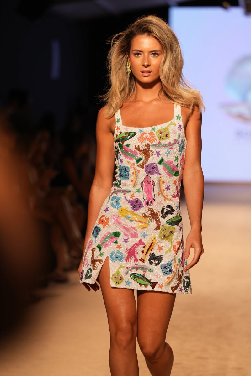 Arizona Beaded Mini Dress White - Oceanus Swimwear