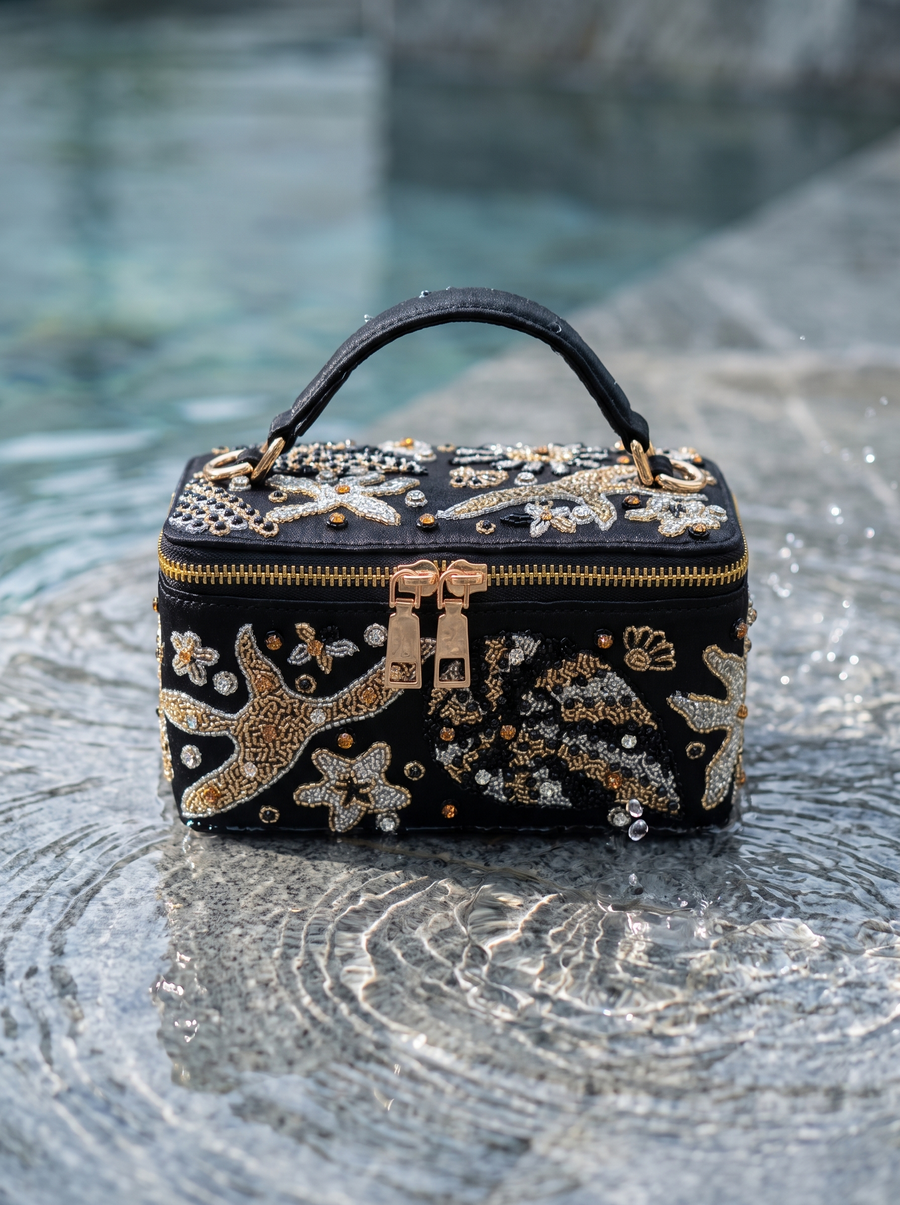 Selene Black Tiny Vanity Embroidered Leather Bag