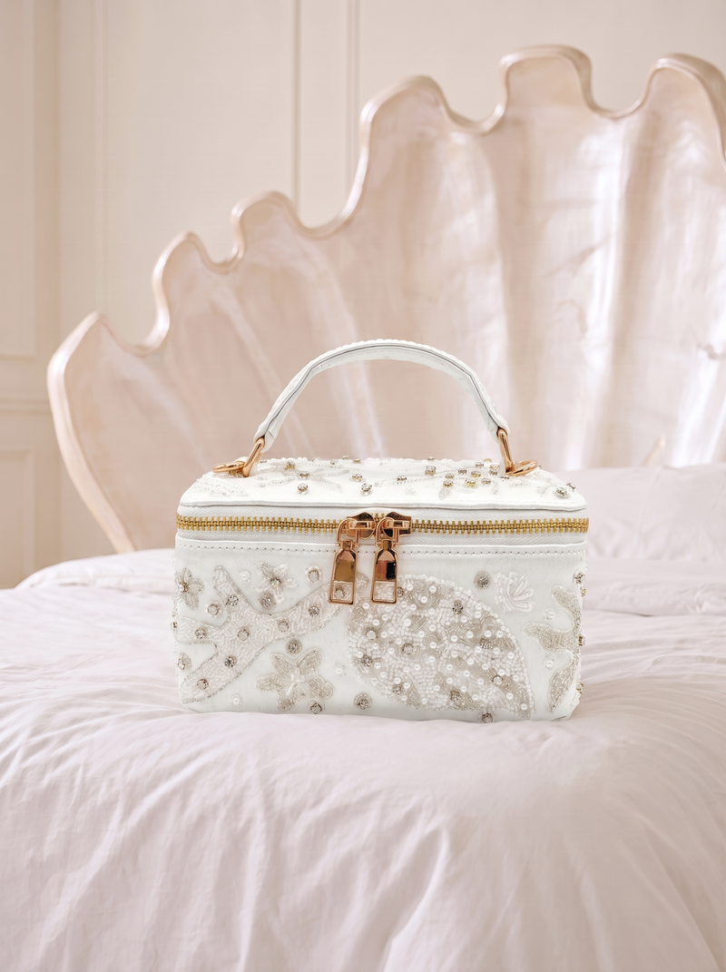 Selene White Tiny Vanity Embroidered Leather Bag