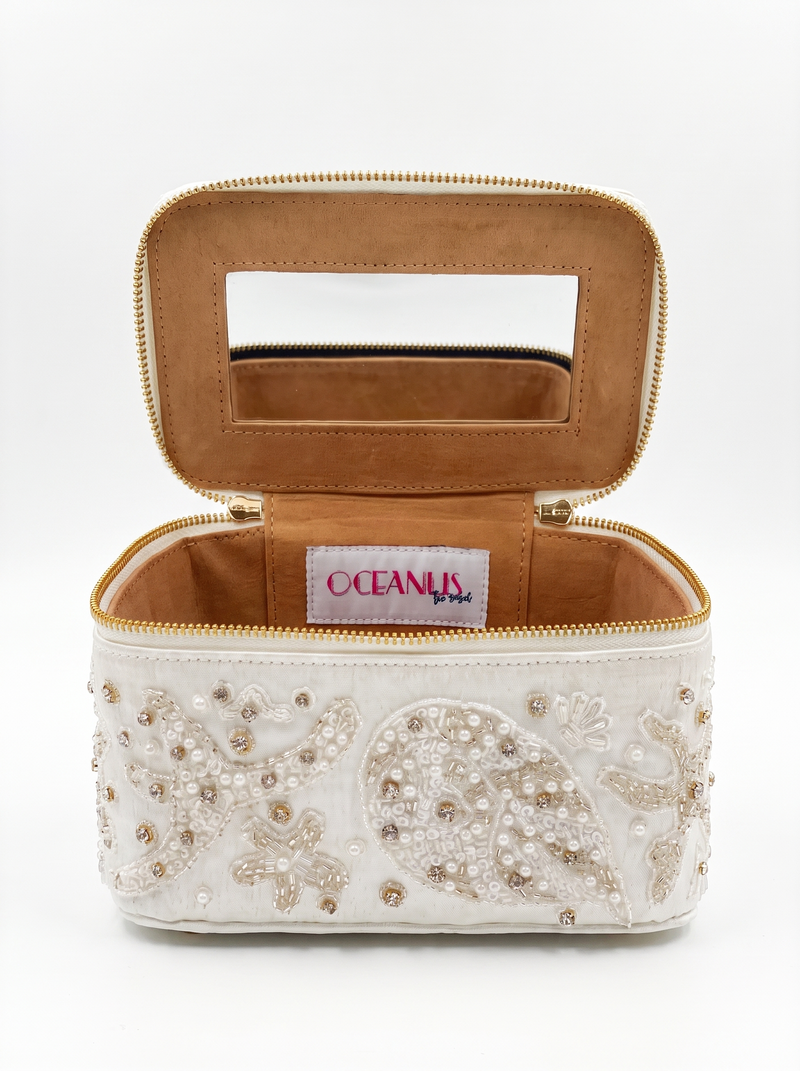 Selene White Tiny Vanity Embroidered Leather Bag