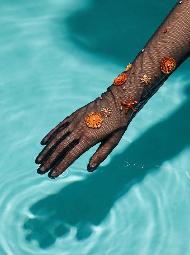 Starfish Flower Hand Beaded Black Glove