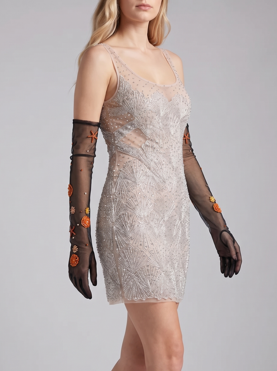 Starfish Flower Hand Beaded Black Glove