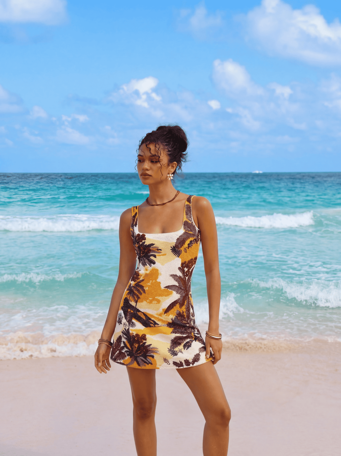 Kulani Kinis x Oceanus Golden Sunset Beaded Mini Dress