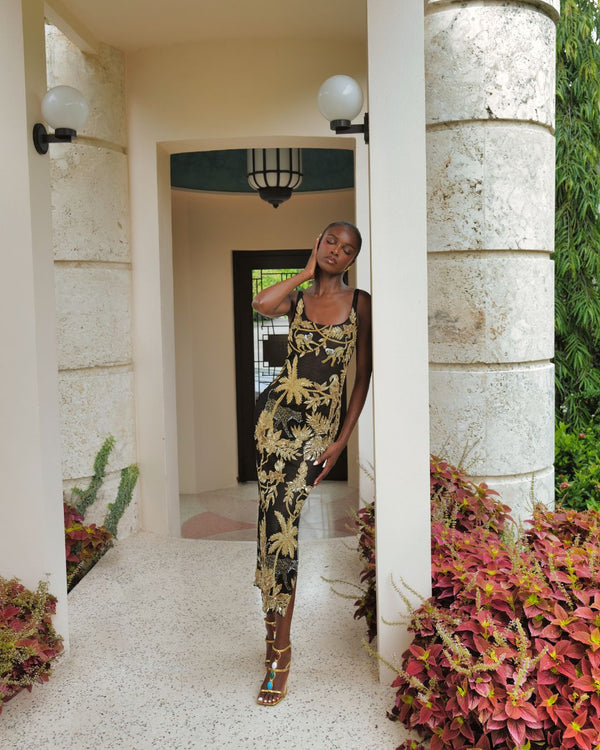 Tropica Black Gold Mesh Maxi Dress, XS / Black