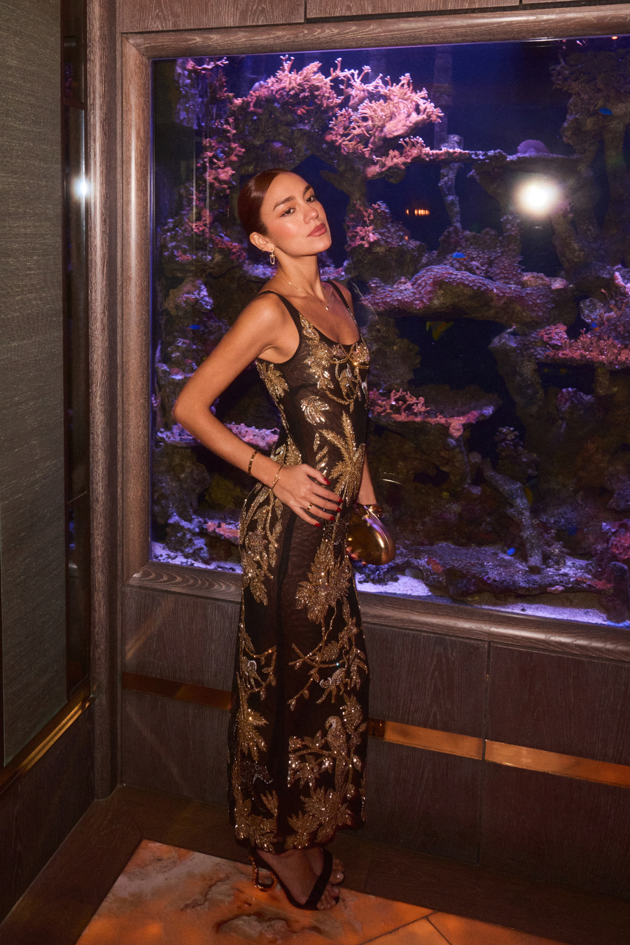 Tropica Black Gold Mesh Hand Beaded Maxi Dress