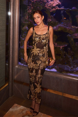 Tropica Black Gold Mesh Hand Beaded Maxi Dress