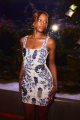 Electra Reef Navy and White Hand Beaded Mini Dress