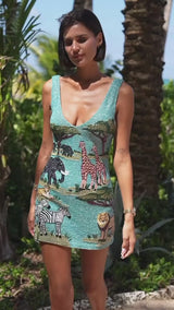 Aqua Savannah Safari Embellished Dress