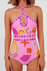 Sirena Cross Over Swimsuit in Pink New York Print