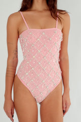 Embellished Swimsuit in Pink in 360 degree view 