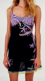 Tasseled Crescent Shell Mini Dress - Black