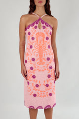 Lobster Pink Hand Beaded Midi Dress in 360 degree view