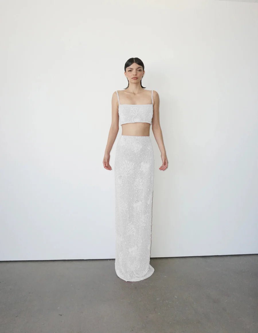 Hazel Beaded Powermesh Jellyfish Maxi Skirt - White - Oceanus Swimwear