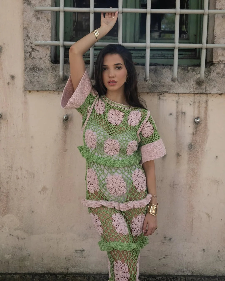 Shop Elle Crochet Green/Pink Dress - Oceanus Shop Elle Crochet Green/Pink Dress - Oceanus