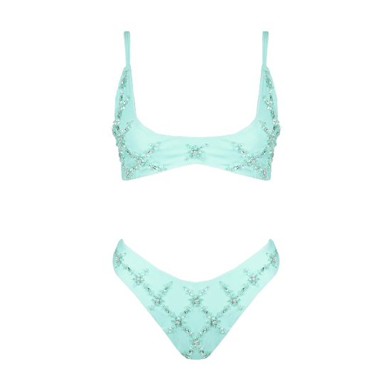 Mary Una Blue with White Beading Bikini Top - Oceanus Swimwear