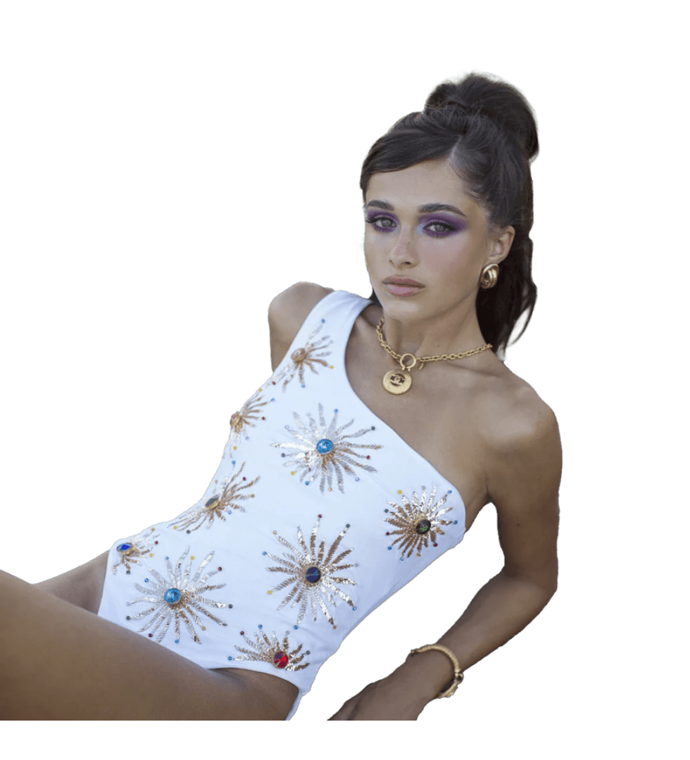 Callie One Shoulder Hand Embroidered swimsuit White